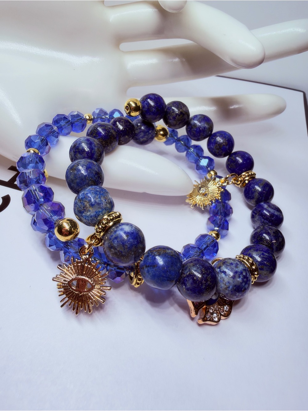 Lapis Lazuli and Crystal Blue Beaded wire Bracelet Set